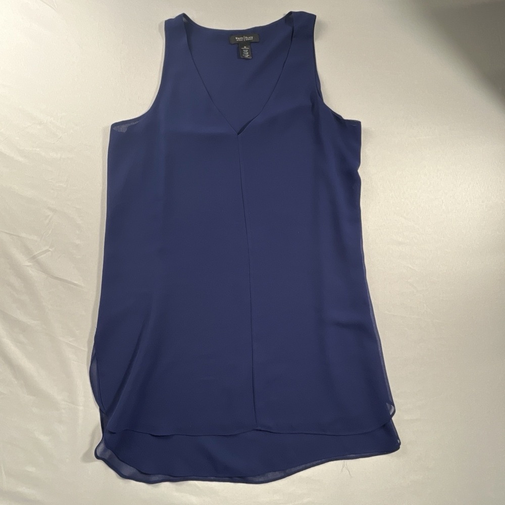 White House Black Market WHBM Dress Sz Med Blue Flowy 2 Layer V neck Sleeveless